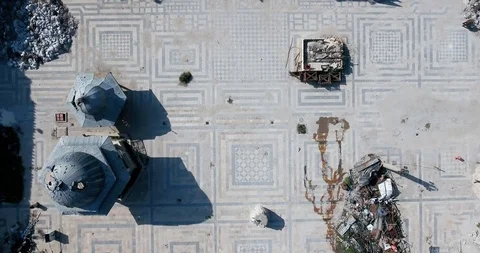 Destroyed mosque of Aleppo in aerial view, filmed by a drone, syria Stock Footage