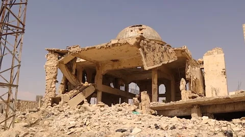 Destroyed Mosque in Aleppo Syria After Heavy Bombing and War Destruction Video stock 319985183