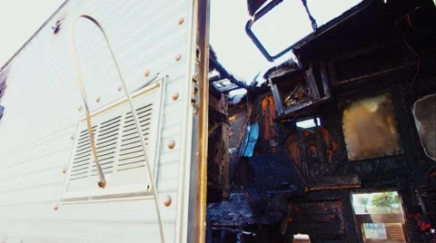 Destroyed Motorhome fire damage Video stock 64718855