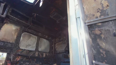 Destroyed Motorhome fire damage Video stock 64719079