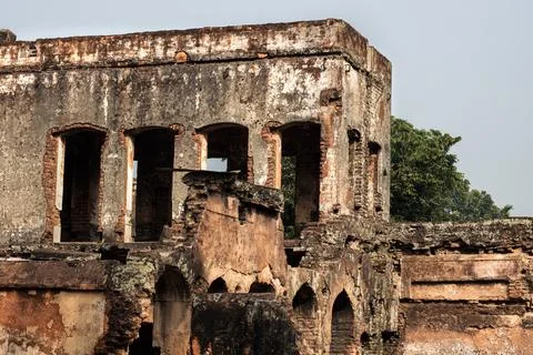 Destroyed old abandoned brick structural building Stock Photos
