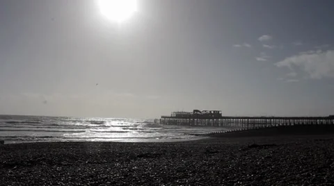 A Destroyed Pier on Beach with Apocalyptic Look Stock Footage 34915806