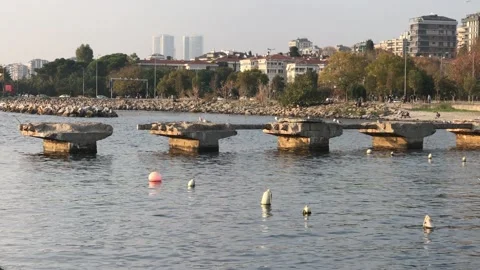 Destroyed pier in the sea Video stock 144339769