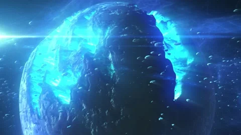 Destroyed planet in deep space with asteroids and sun flares Stock Footage 163864652