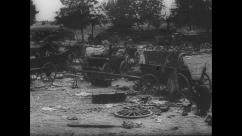 Destroyed Polish wagons by river Stock Footage 103388974