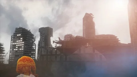 Destroyed post-apocalyptic city after war and earthquake render 3d Stock Footage 147952481