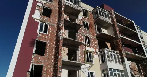 Destroyed residential modern house after air attack. War in Ukraine. Video stock 192083053