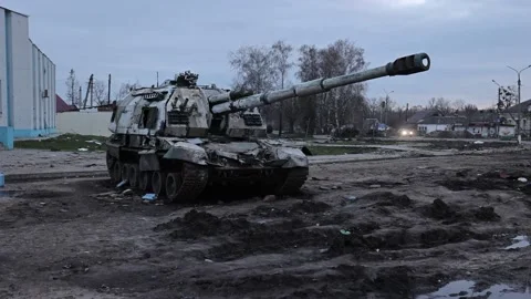 Destroyed russian self-propelled howitzer Stock Footage 181939273