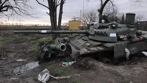 Destroyed russian tank Stock Footage 181939204