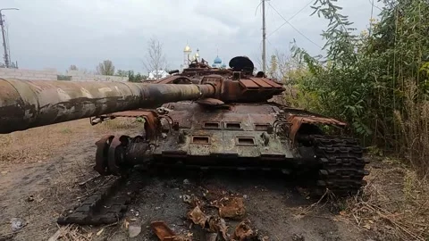 Destroyed Rusty Tank Abandoned in War Zone Outdoors Stock Footage 317389698