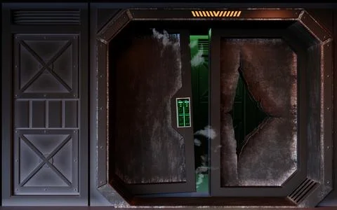 Destroyed Sci Fi Bunker Metal Door with Green Light Stock Illustration