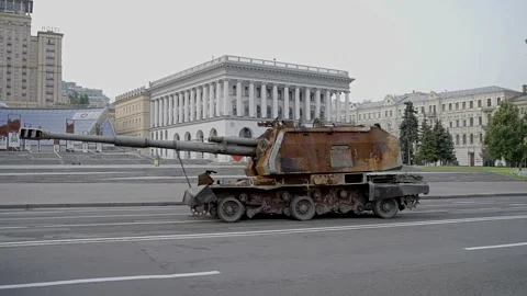 Destroyed self-propelled artillery installations of the Russian army 2022 Stock Footage 205541212