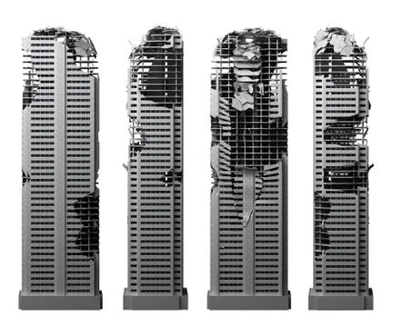 Destroyed skyscraper building isolated on white Stock Illustration