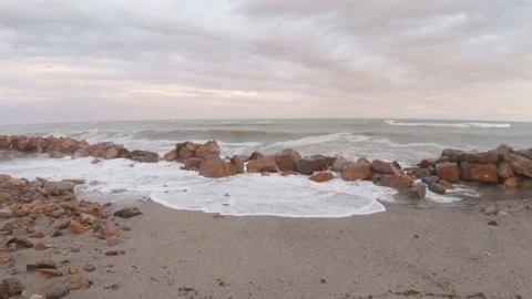 Destroyed stone breakwaters during storms Stock-Footage 170068541