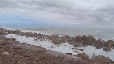 Destroyed stone breakwaters during storms Stock-Footage 170068916