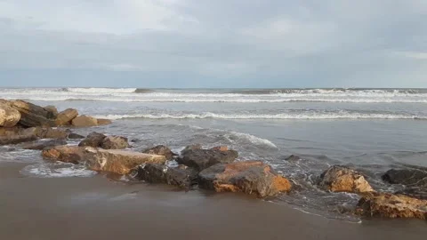 Destroyed stone breakwaters during storms Stock Footage 170069218