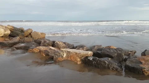 Destroyed stone breakwaters during storms Stock-Footage 170069221