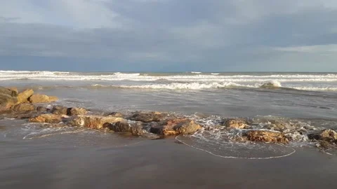 Destroyed stone breakwaters during storms Stock Footage 170069273