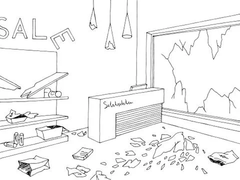 Destroyed store interior shop black white graphic sketch illustration vector Stock Illustration
