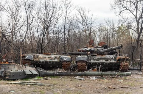 Destroyed tanks of Russian invaders in the vicinity of Kyiv Stock Photos