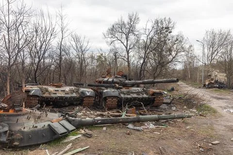 Destroyed tanks of Russian invaders in the vicinity of Kyiv Stock Photos