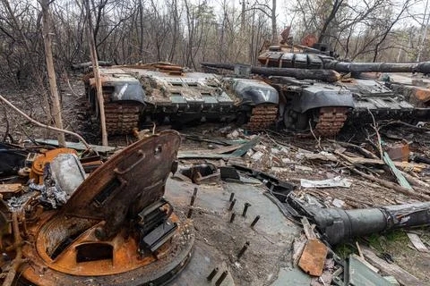 Destroyed tanks of Russian invaders in the vicinity of Kyiv Stock Photos