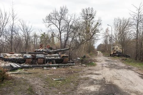 Destroyed tanks of Russian invaders in the vicinity of Kyiv Stock Photos