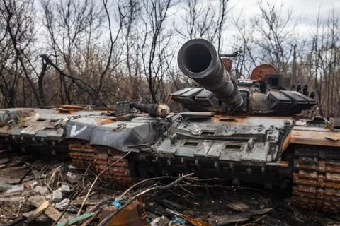 Destroyed tanks of Russian invaders in the vicinity of Kyiv Stock Photos