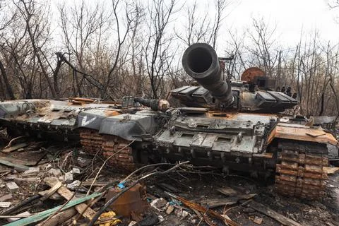 Destroyed tanks of Russian invaders in the vicinity of Kyiv Stock Photos