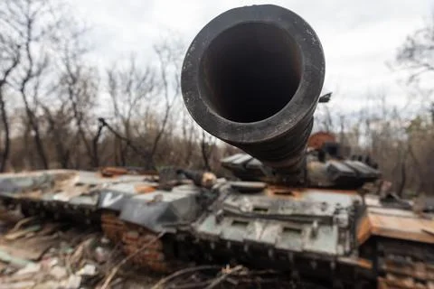 Destroyed tanks of Russian invaders in the vicinity of Kyiv Stock Photos