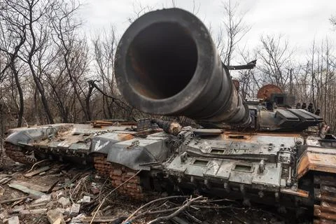 Destroyed tanks of Russian invaders in the vicinity of Kyiv Stock Photos