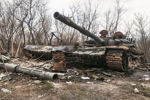 Destroyed tanks of Russian invaders in the vicinity of Kyiv Stock Photos