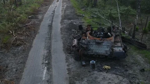 Destroyed by Ukrainian troops russian battle tank of the Russian invaders Stock Footage 205565286