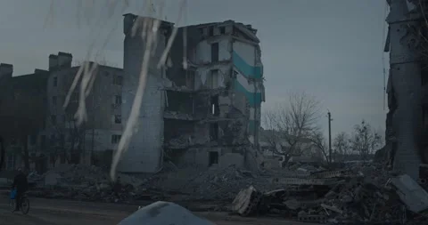 Destroyed walls of the house, which located in bombed Ukrainian city during war Stock Footage 200418153