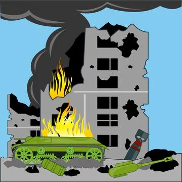 Destroyed war building and damaged tank war in city Stock Illustration