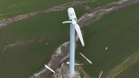 Destroyed wind turbine generator. Strong winds and high speeds break Stock Footage 305685348