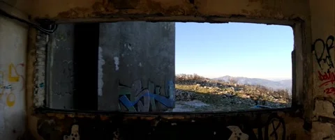 Destroyed window with a view, Anamorphic 스톡 동영상 143387249