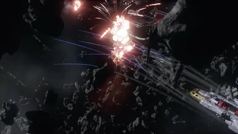 The destroyer explodes energy sources in the asteroid mining war in space 01 Stock Footage 220045157