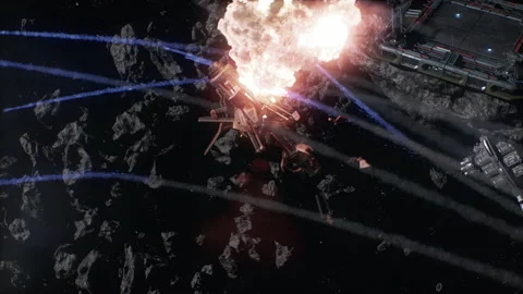 The destroyer explodes energy sources in the asteroid mining war in space 02 Stock Footage 220045390