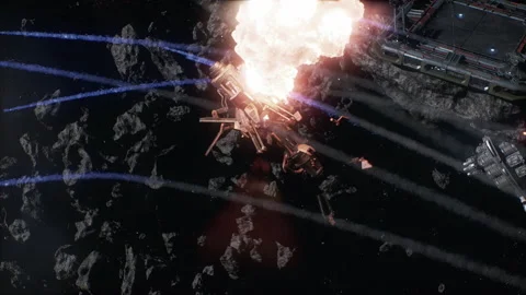 The destroyer explodes energy sources in the asteroid mining war in space 03 Stock Footage 220045808
