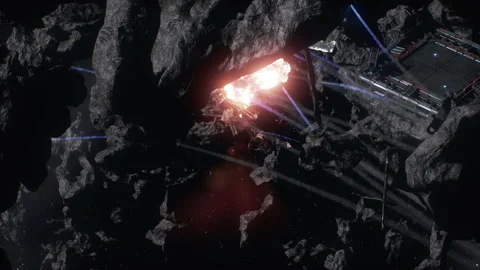 The destroyer explodes energy sources in the asteroid mining war in space 04 Stock Footage 220046216