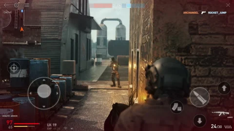 Destroying the opponents in the internet third person shooter leisure video game Video stock 235656271