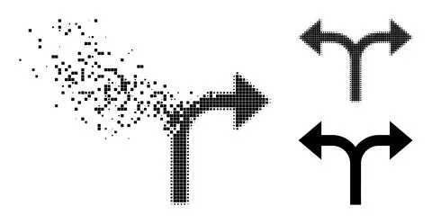 Destructed and Halftone Dot Bifurcation Arrows Left Right Icon Stock Illustration