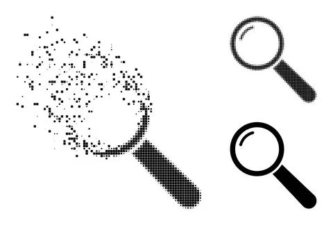 Destructed and Halftone Dotted Magnifier Icon Stock Illustration