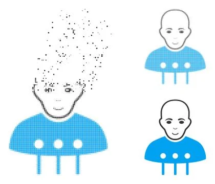 Destructed Dot Halftone Cyborg Interface Icon with Face 스톡 일러스트