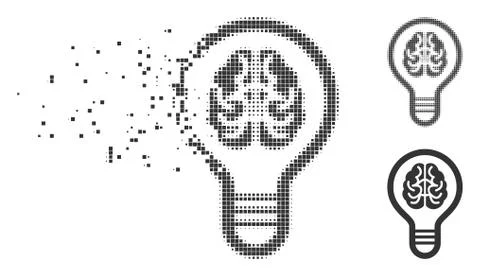 Destructed Pixel Halftone Brain Bulb Icon Stock Illustration