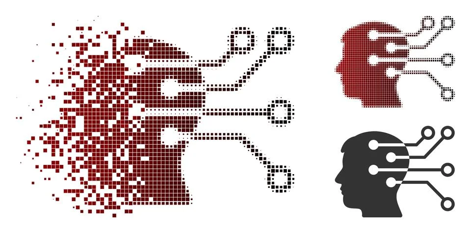 Destructed Pixel Halftone Brain Interface Circuit Icon 库存插图