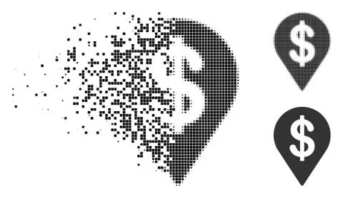 Destructed Pixel Halftone Dollar Map Pointer Icon Stock Illustration
