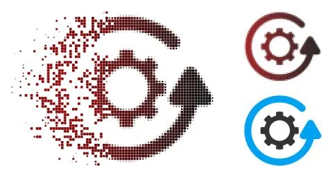 Destructed Pixel Halftone Gearwheel Rotation Direction Icon Stock Illustration