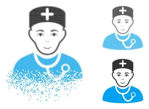 Destructed Pixel Halftone Physician Icon with Face Illustrazione stock